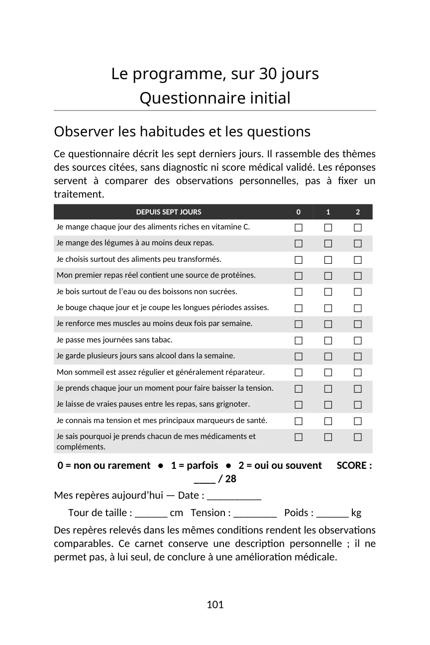 Questionnaire initial du carnet sur trente jours
