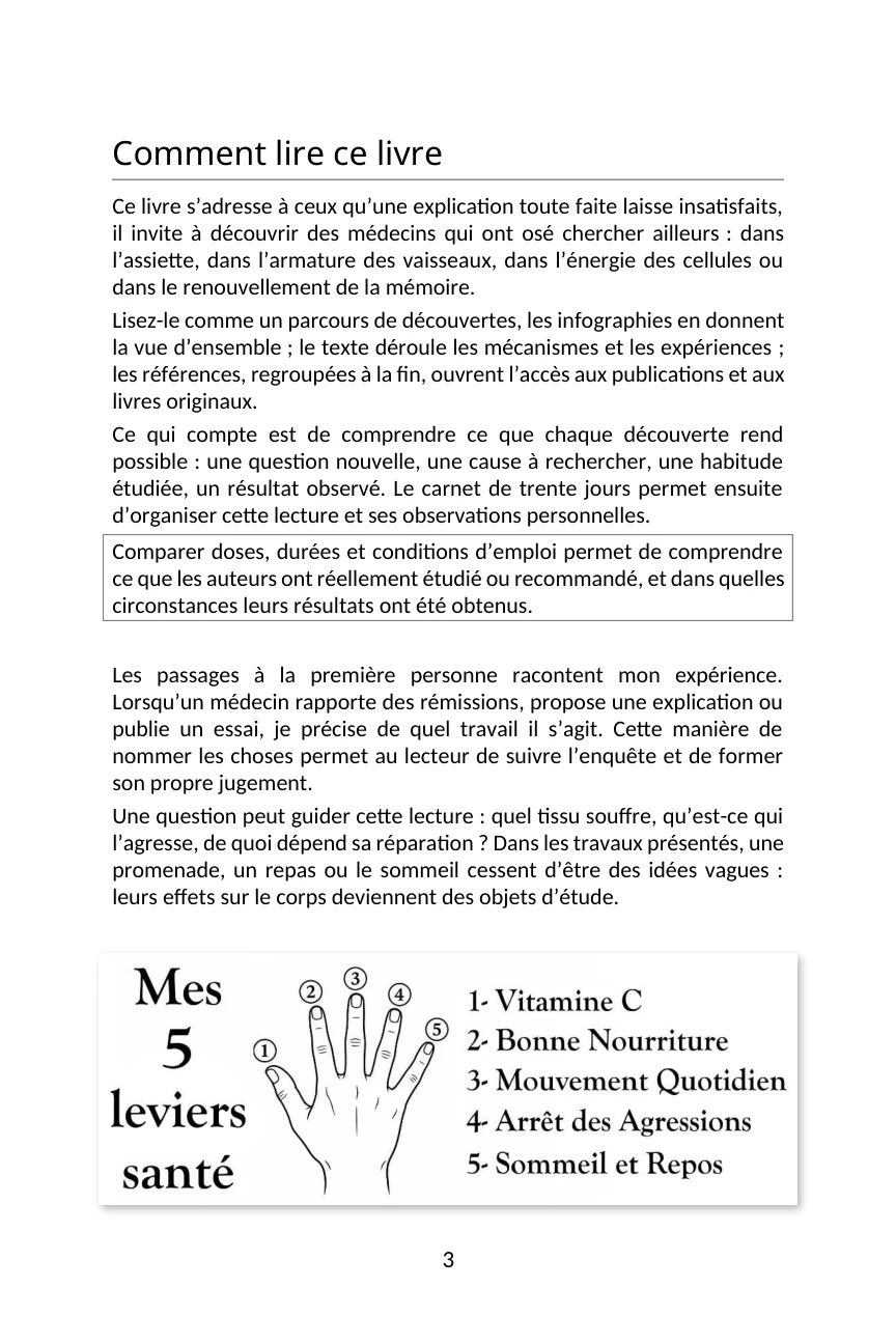 Page Comment lire ce livre, avec le dessin des cinq leviers santé