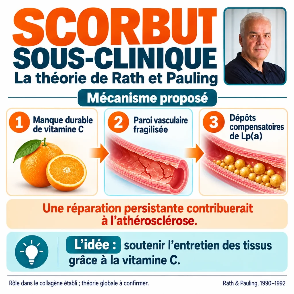 Infographie sur la théorie du scorbut sous-clinique de Rath et Pauling : vitamine C, paroi vasculaire et dépôts de Lp(a).