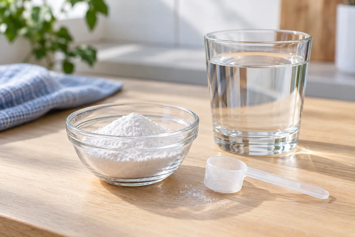 Poudre blanche, dosette et verre d’eau sur une table claire.