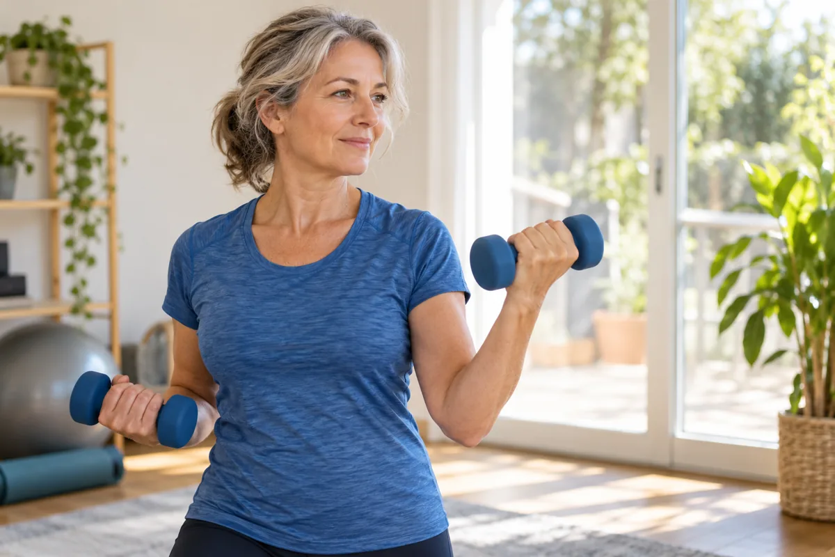Femme d’environ 55 ans pratiquant un exercice avec de petits haltères à domicile.